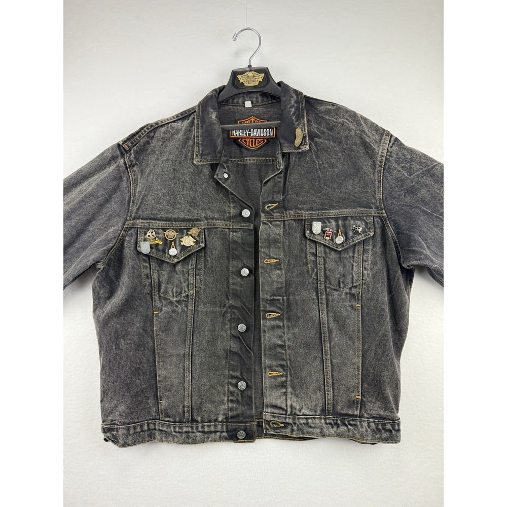 Vintage‎ Harley Davidson Denim Jacket XL Made In USA HOG Pins Biker Black